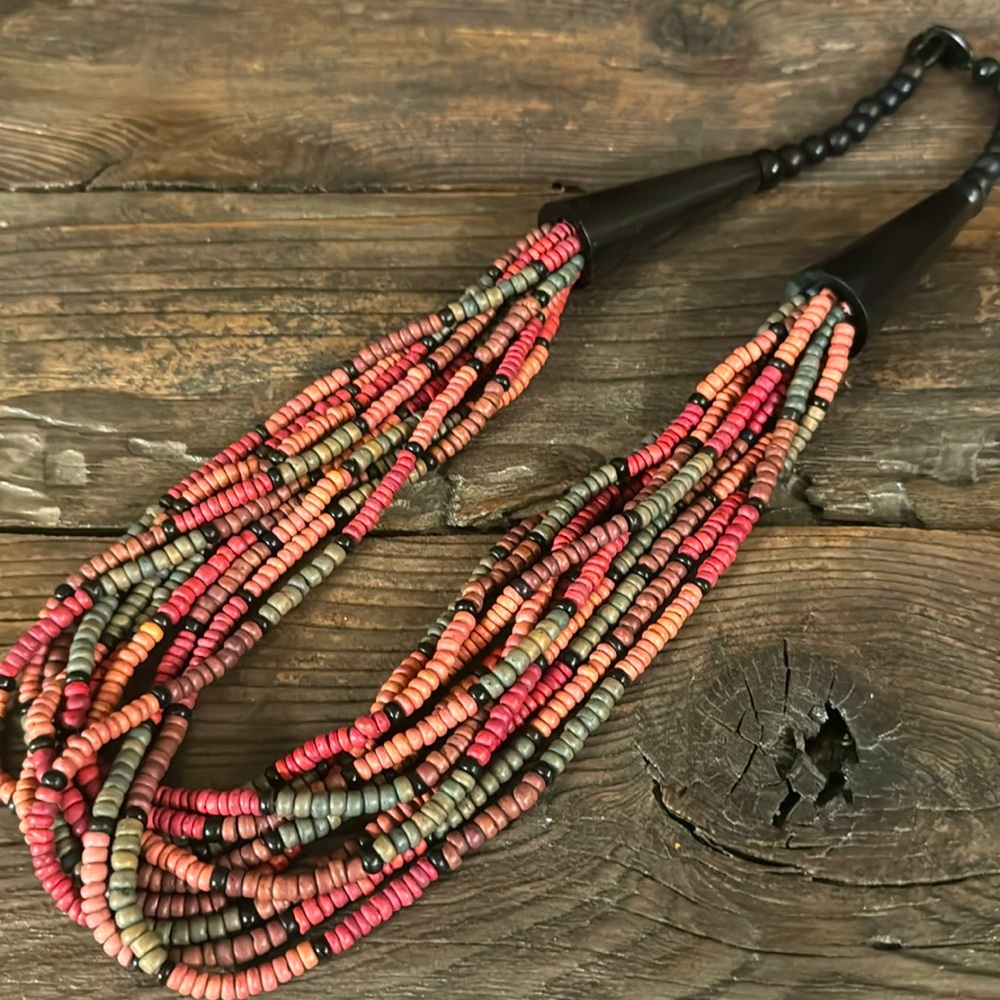 Chunky rust, orange and green wooden bead necklace